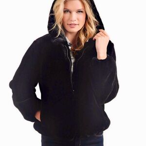 Donna Salyers Fabulous Furs Black Faux Fur hooded zip up w/pockets Jacket Large